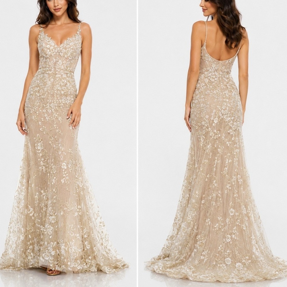 Mac Duggal Nude Floral Embroidered Gown 2 Beaded Formal Dress Wedding 67492